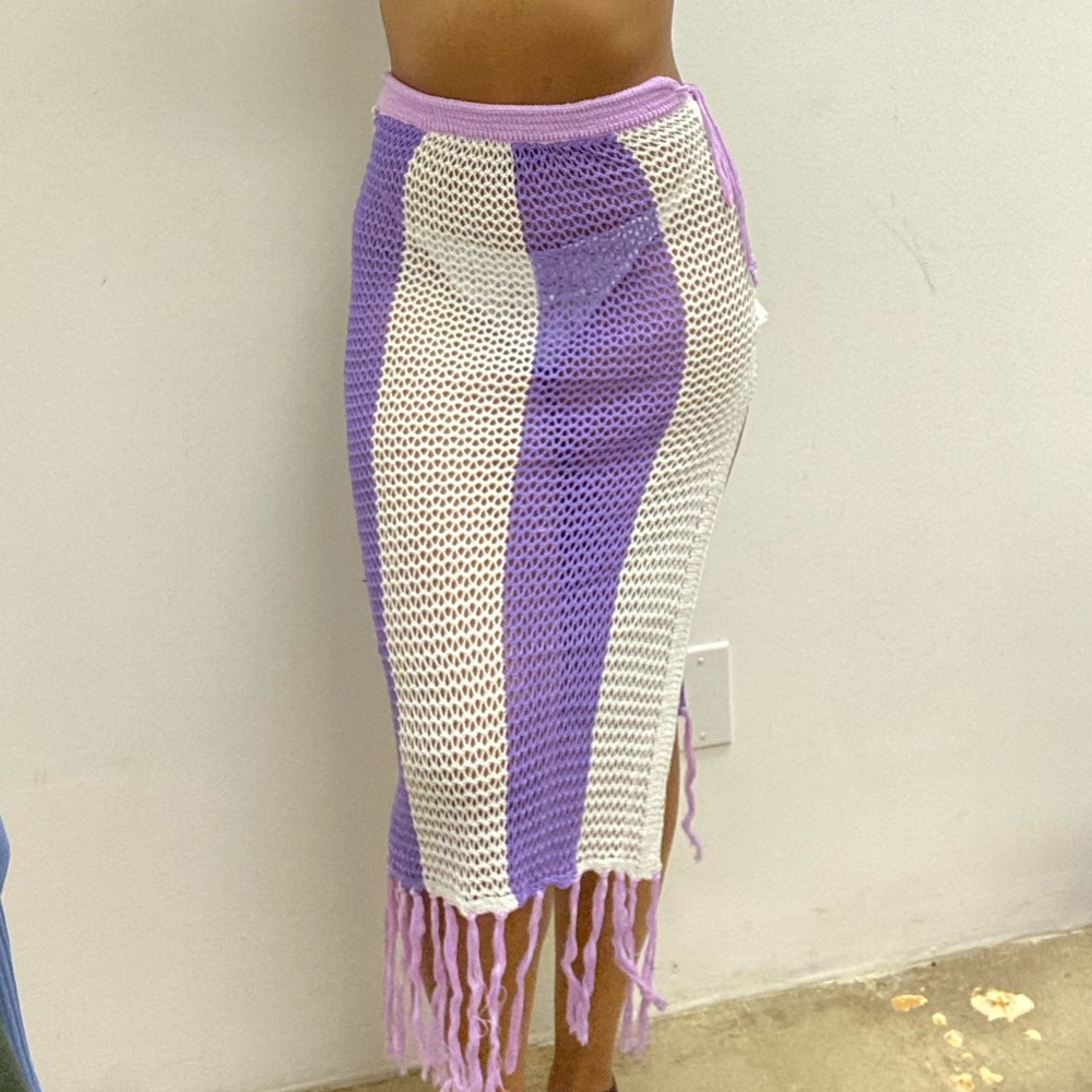 Open Knit Striped Cover Up with Fringe